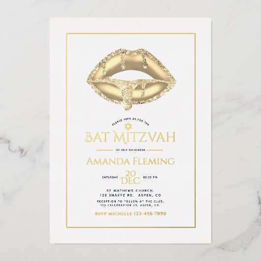 Gold Lips Bat mitzvah Photo Foil Invitation (Recto)