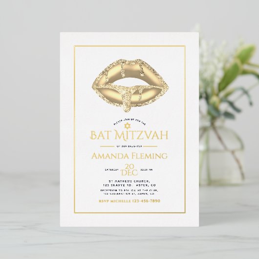 Gold Lips Bat mitzvah Photo Foil Invitation (Debout devant)