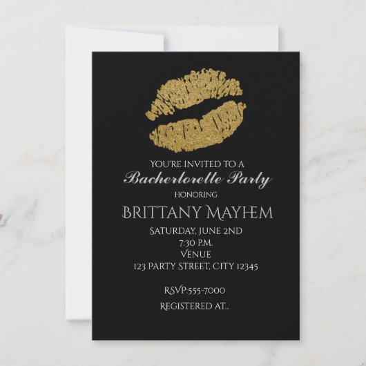 Gold Lips KISS Bachelorette Party Uitnodiging (Voorkant)