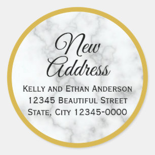 Gold look en Faux White Marble New Address Ronde Sticker