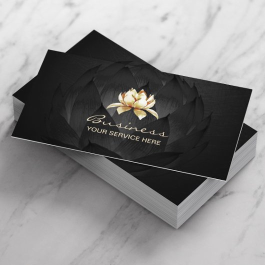 Gold Lotus Logo Elegant Black Floral Visitekaartje