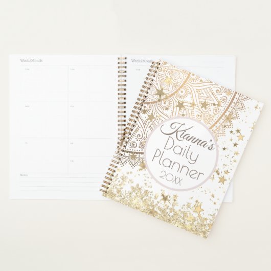 Gold Lotus Mandala avec Gold Stars Daily Planner (Devant avec enveloppe)
