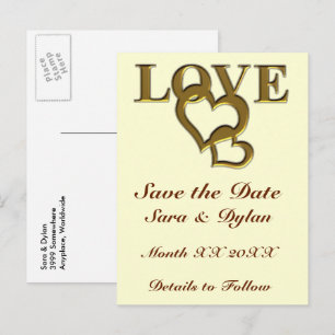 Gold Love and Hearts Enregistrer la date Carte pos