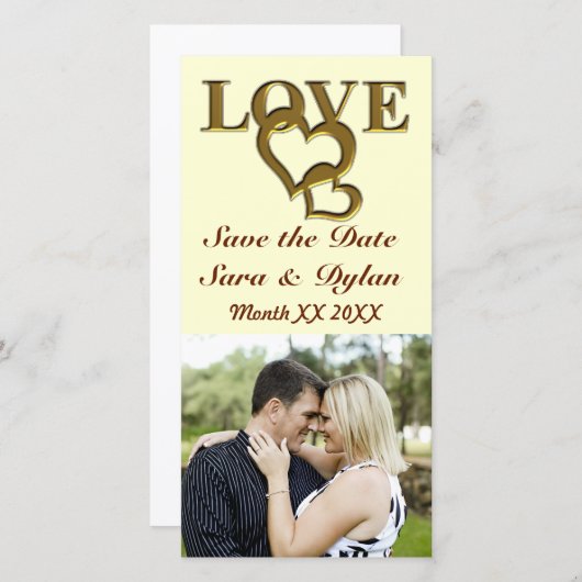 Gold Love and Hearts Save the Date Photocard (Devant / Derrière)