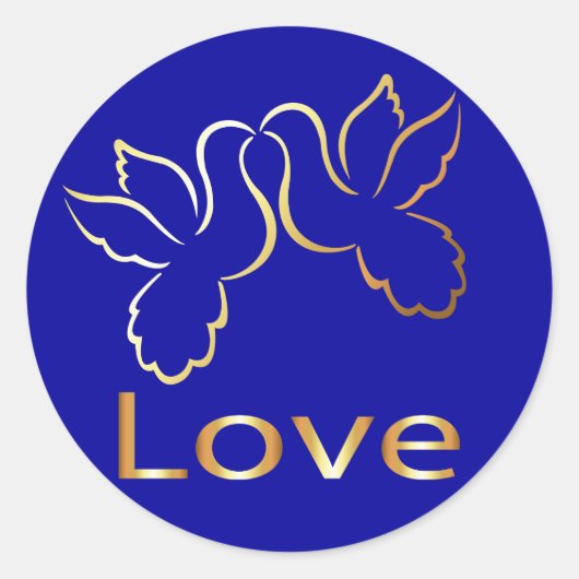 Gold Love Doves Blauw Bruiloft Sticker / Label (Voorkant)
