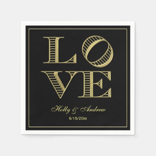 Gold LOVE grafische tekst Napkins DIY Black BG Servetten (Voorkant)