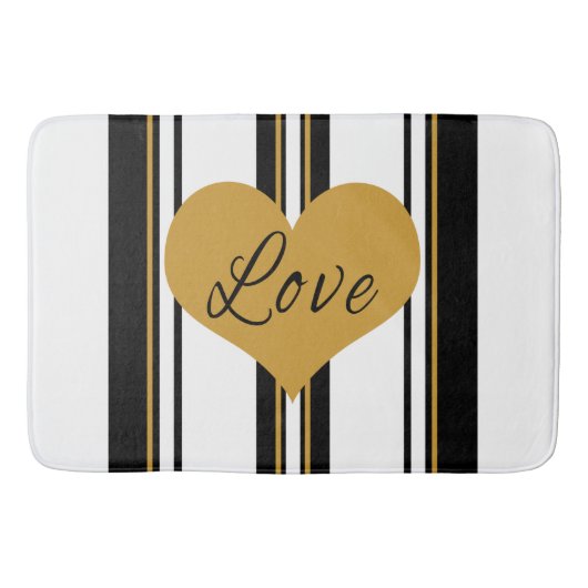 Gold Love Heart Black Gold White Stripes Bath Mat (Voorkant)