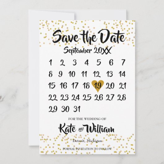 Gold Love Heart Calendar Save The Date (Voorkant)
