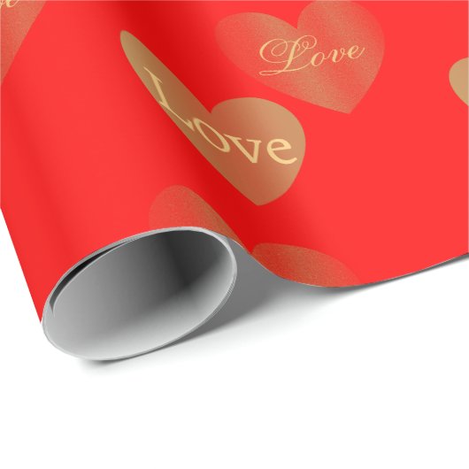 Gold Love Hearts op rood, bruiloft en Valentijns Cadeaupapier (Rol Hoek)