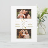 Gold Love & Joy Typography 2-Foto Feestdagenkaart (Staand voorkant)