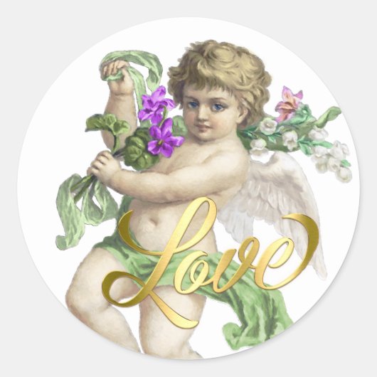Gold Love with Cherub Roos Green Ronde Sticker (Voorkant)