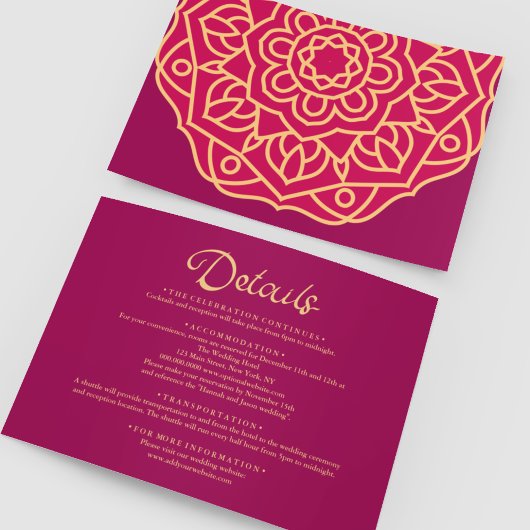 Gold Magenta Mandala Indian Wedding - Gegevens Informatiekaartje