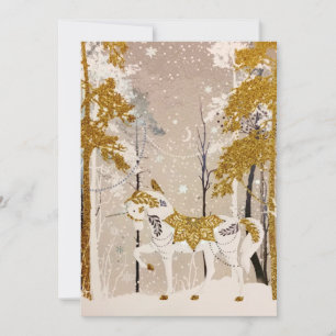 Gold Magical Snowy Forest Unicorn Natuur Feestdagenkaart