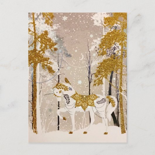Gold Magical Snowy Forest Unicorn Natuur Feestdagenkaart (Voorkant)