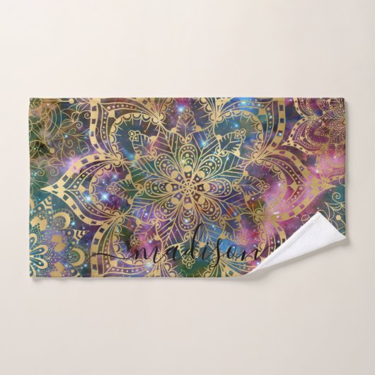 Gold Mandala patroon Blue Paarse Nebula Custom Bad Handdoek (Handdoek)
