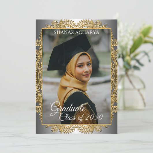 Gold Mandala Silver Grey Afstuderen Aankondiging (Staand voorkant)