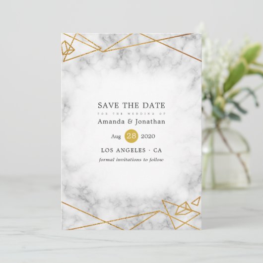 Gold Marble Geometric Wedding Save The Date (Staand voorkant)