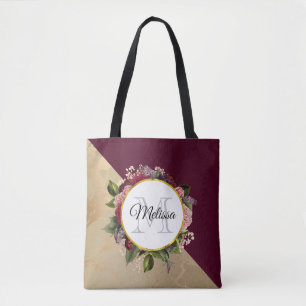 Gold Marble Pattern en Burgundy Floral Monogram Draagtas