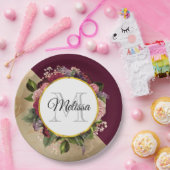 Gold Marble Pattern en Burgundy Floral Monogram Papieren Bordje (Feest)