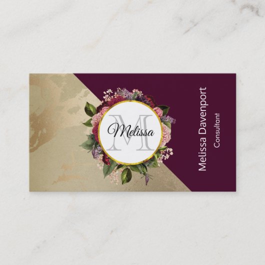 Gold Marble Pattern en Burgundy Floral Monogram Visitekaartje (Voorkant)