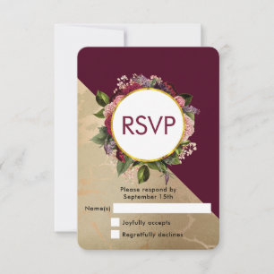 Gold Marble Pattern en Burgundy Floral Wedding RSVP Kaartje