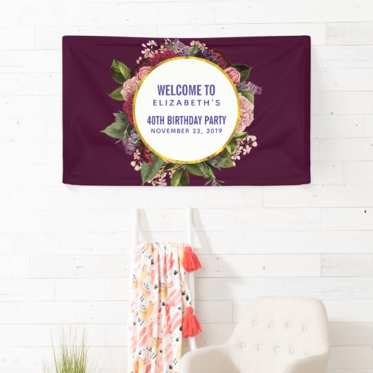 Gold Marble Pattern en Burgundy Florals Birthday Spandoek (Insitu)