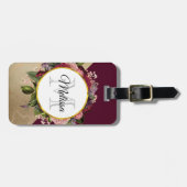 Gold Marble Pattern en Burgundy Florals Monogram Bagagelabel (Voorkant horizontaal)