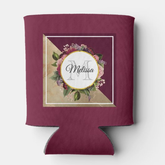 Gold Marble Pattern en Burgundy Florals Monogram Blikjeskoeler (Achterkant)