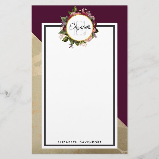 Gold Marble Pattern en Burgundy Florals Monogram Briefpapier (Voorkant)