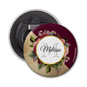 Gold Marble Pattern en Burgundy Florals Monogram Button Flesopener (Voorkant)