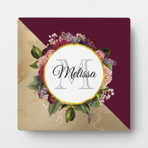 Gold Marble Pattern en Burgundy Florals Monogram Fotoplaat