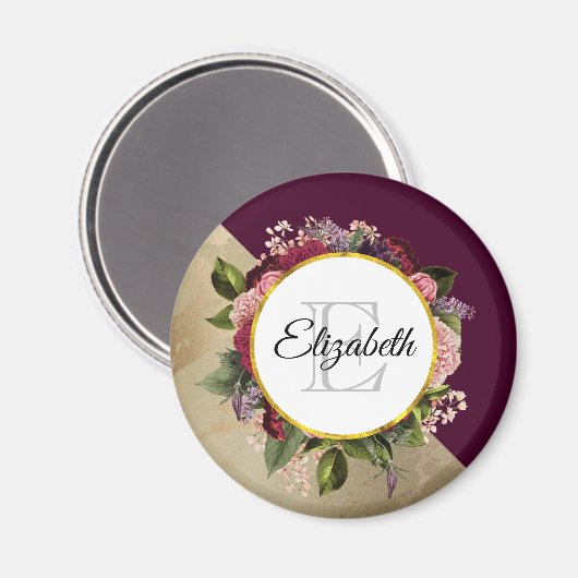 Gold Marble Pattern en Burgundy Florals Monogram Magneet (Voorkant / Achterkant)