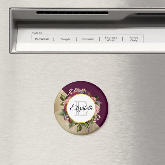 Gold Marble Pattern en Burgundy Florals Monogram Magneet (Insitu (Vaatwasser))