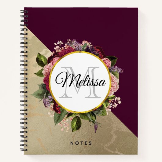 Gold Marble Pattern en Burgundy Florals Monogram Notitieboek (Voorkant)