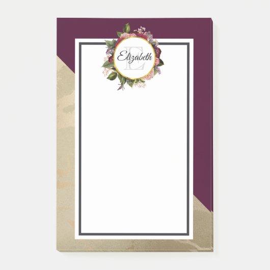 Gold Marble Pattern en Burgundy Florals Monogram Post-it® Notes (Voorkant)