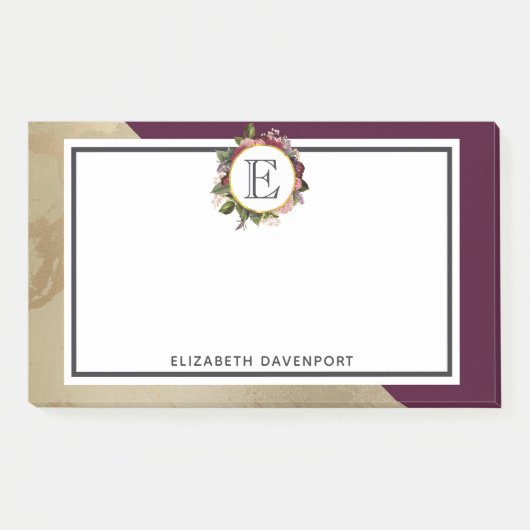 Gold Marble Pattern en Burgundy Florals Monogram Post-it® Notes (Voorkant)