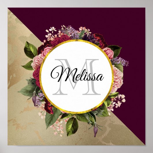 Gold Marble Pattern en Burgundy Florals Monogram Poster (Voorkant)