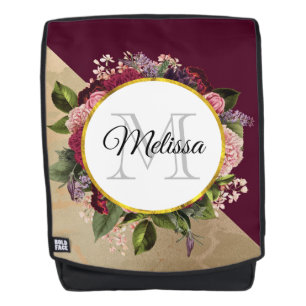 Gold Marble Pattern en Burgundy Florals Monogram Rugtassen