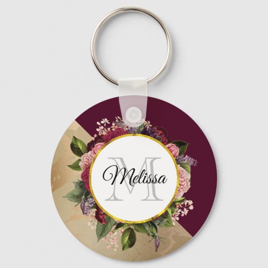 Gold Marble Pattern en Burgundy Florals Monogram Sleutelhanger (Voorkant)