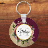Gold Marble Pattern en Burgundy Florals Monogram Sleutelhanger (Voorkant)