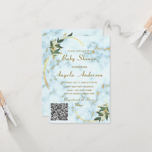 Gold Marble QR Code Baby shower Invitation voorbee Kaart (Voorkant / Achterkant in situ)