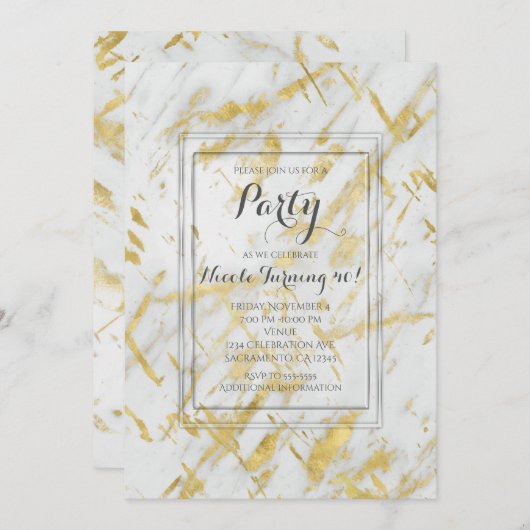 Gold & Marbre blanc Glam Invitations de la fête mo (Devant / Derrière)