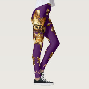 Gold Mardi Gras maskers op plum Leggings
