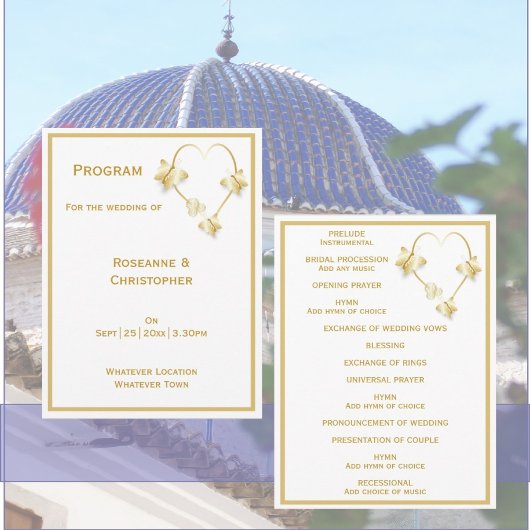Gold Mariage Church Programme Papillons Coeur