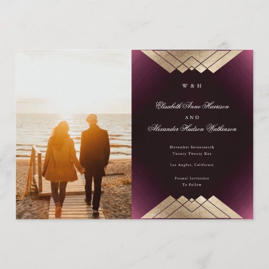 Gold Maroon Geometric Gatsby Folie sparen de datum Aankondiging (Achterkant)