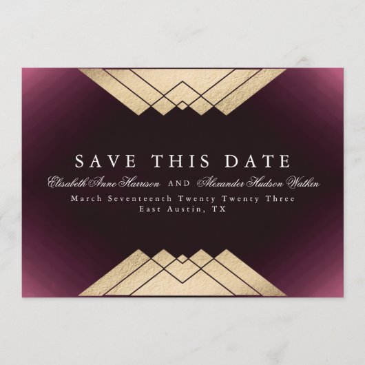 Gold Maroon Geometric Gatsby Folie sparen de datum Aankondiging (Voorkant)