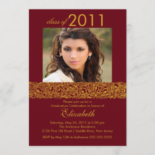 Gold & Maroon Red Photo Afstuderen Uitnodiging
