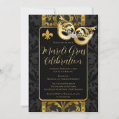 Gold Mask  Black Damask Mardi Gras Party Kaart (Voorkant)