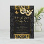 Gold Mask  Black Damask Mardi Gras Party Kaart (Staand voorkant)