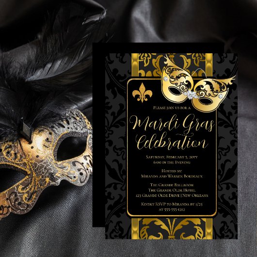 Gold Mask  Black Damask Mardi Gras Party Kaart